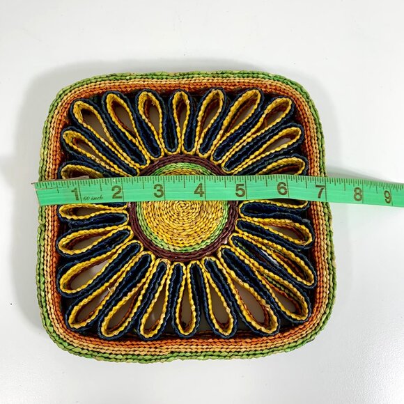 Handwoven Multicolor Straw Coasters Set Of 2 Square Sunburst Design 70s Boho - Picture 4 of 4